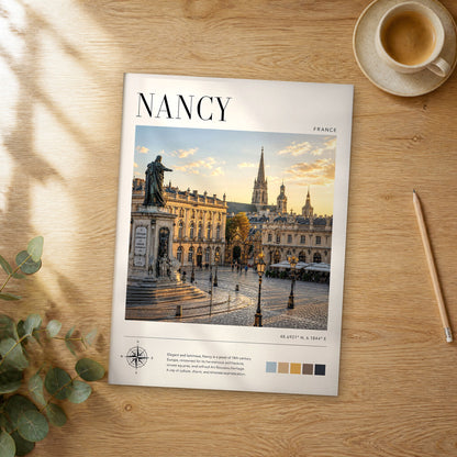 Unframed Nancy modern photography travel poster on a wooden table
