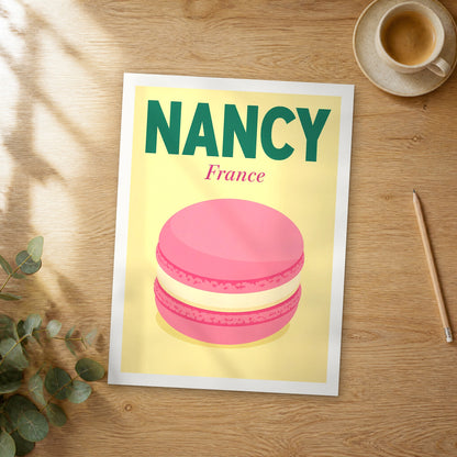 Unframed Nancy pop art travel poster on a wooden table
