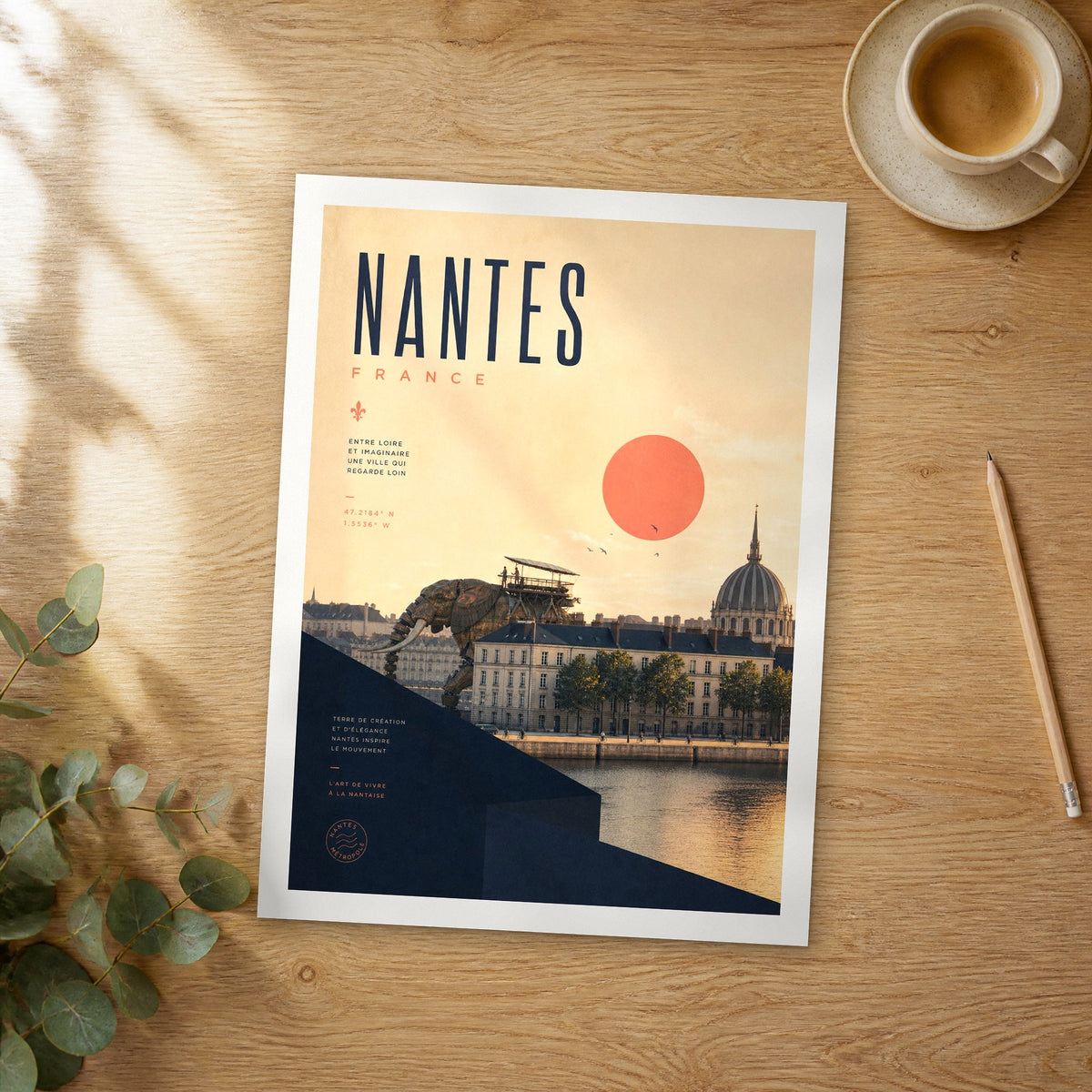 Unframed Nantes bold typography travel poster on a wooden table