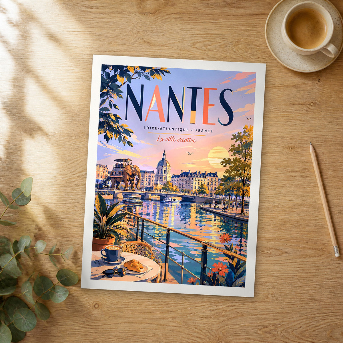 Unframed Nantes retro travel poster on a wooden table