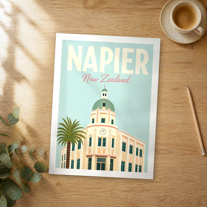 Unframed Napier pastel pop art travel poster on a wooden table