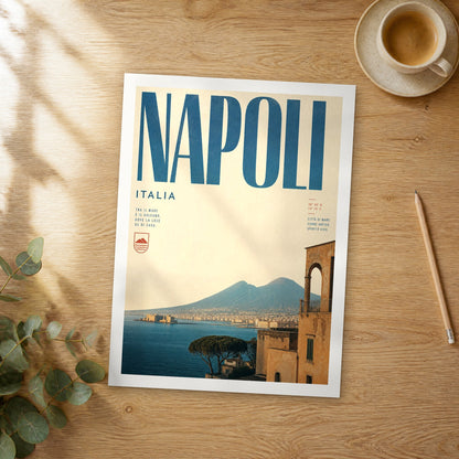 Unframed Napoli Bay with Castel dell'Ovo bold typography travel poster on a wooden table