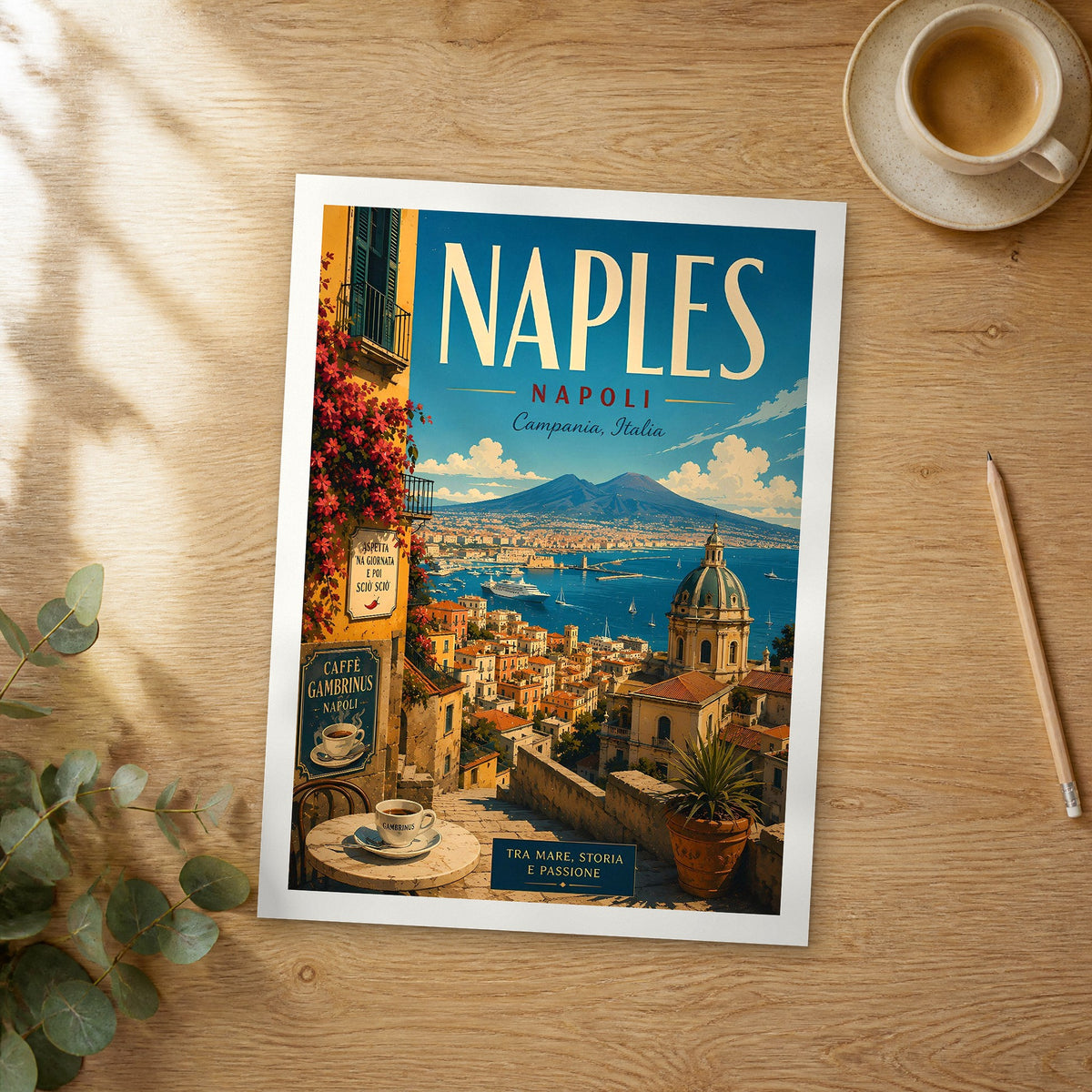 Unframed Napoli Café Terrace Bay View retro travel poster on a wooden table