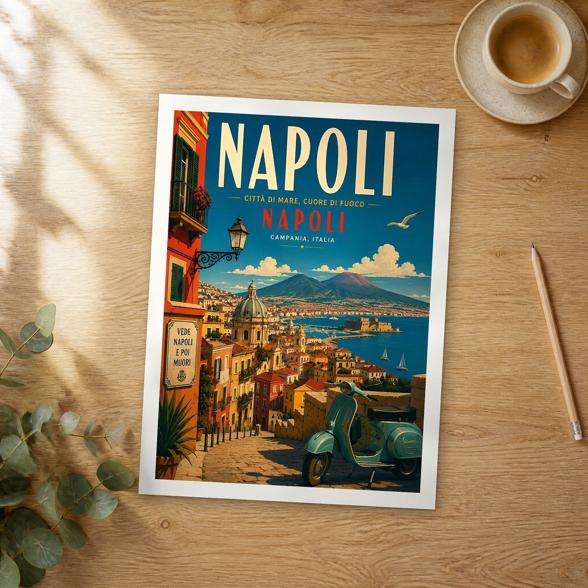 Unframed Napoli Vespa and Vesuvius retro travel poster on a wooden table