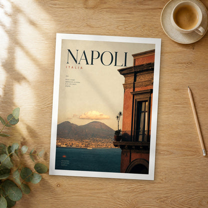 Unframed Napoli Vesuvius from Balcony bold typography travel poster on a wooden table