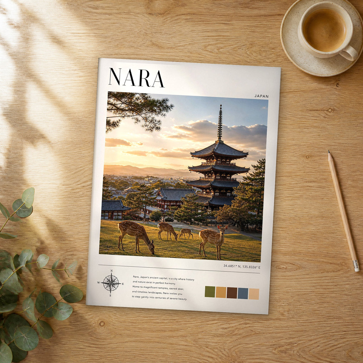 Unframed Nara modern photography travel poster on a wooden table