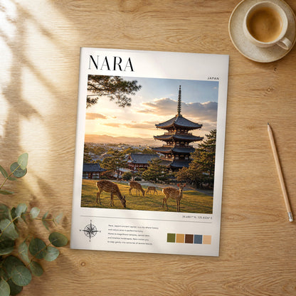 Unframed Nara modern photography travel poster on a wooden table
