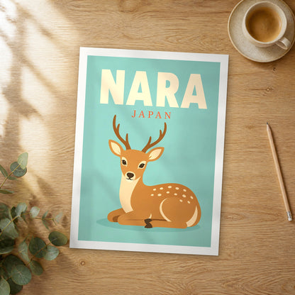 Unframed Nara pop art travel poster on a wooden table