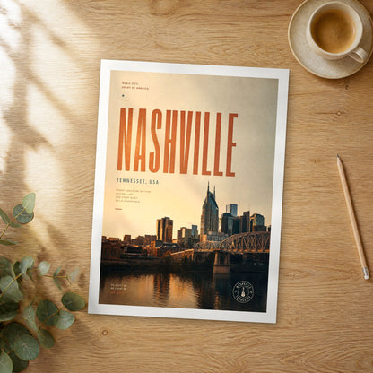 Unframed Nashville bold typography travel poster on a wooden table