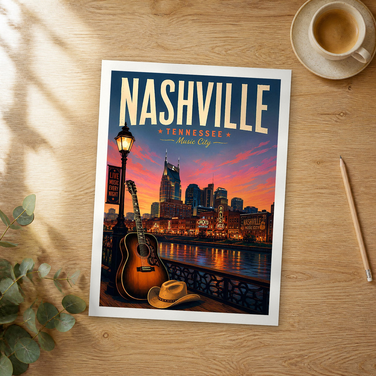 Unframed Nashville retro travel poster on a wooden table