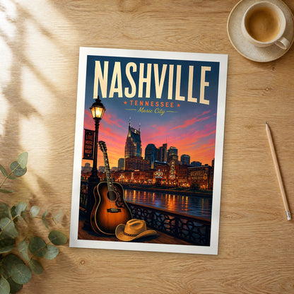 Unframed Nashville retro travel poster on a wooden table