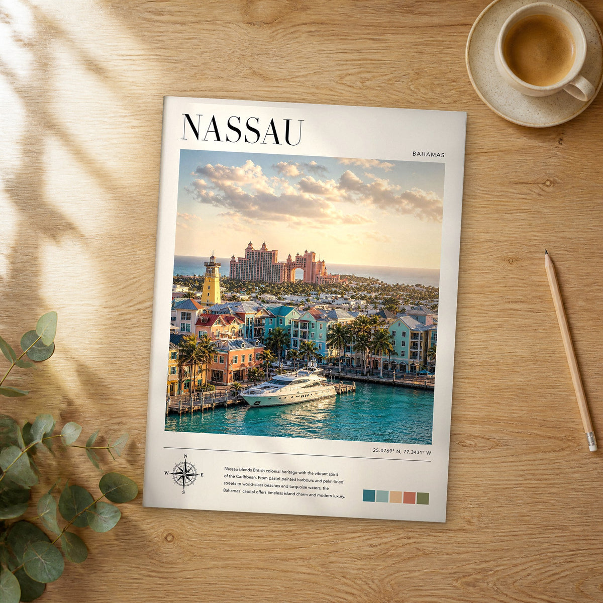 Unframed Nassau modern photography travel poster on a wooden table