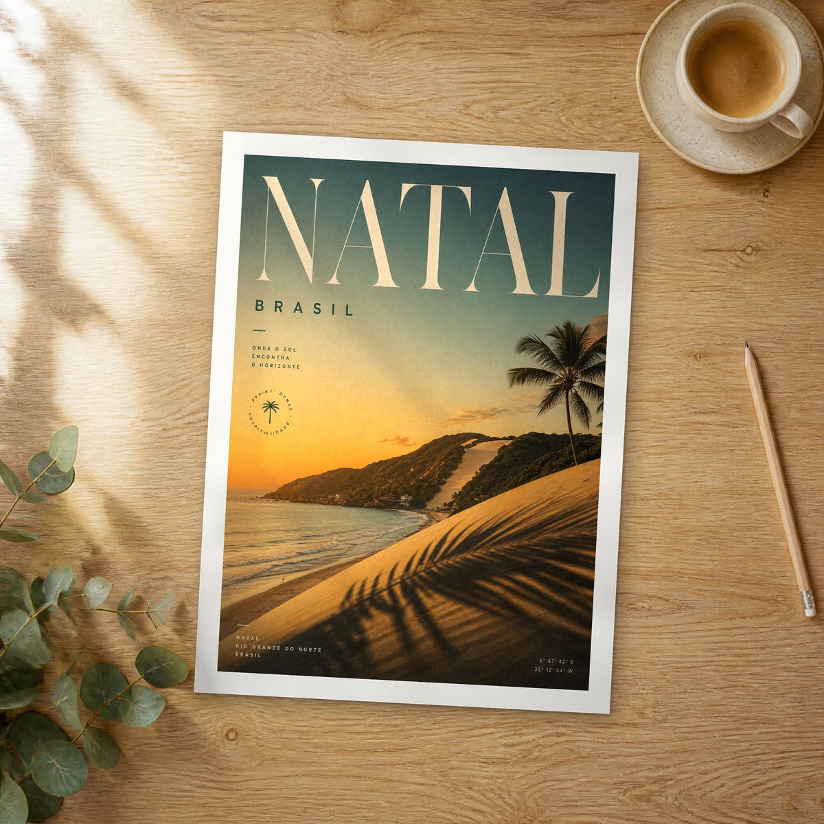 Unframed Natal bold typography travel poster on a wooden table