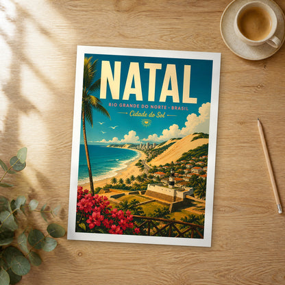 Unframed Natal retro travel poster on a wooden table