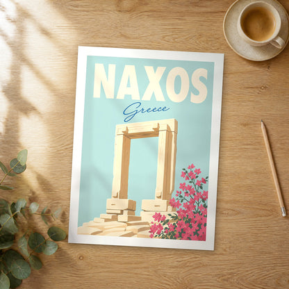 Unframed Naxos pastel pop art travel poster on a wooden table