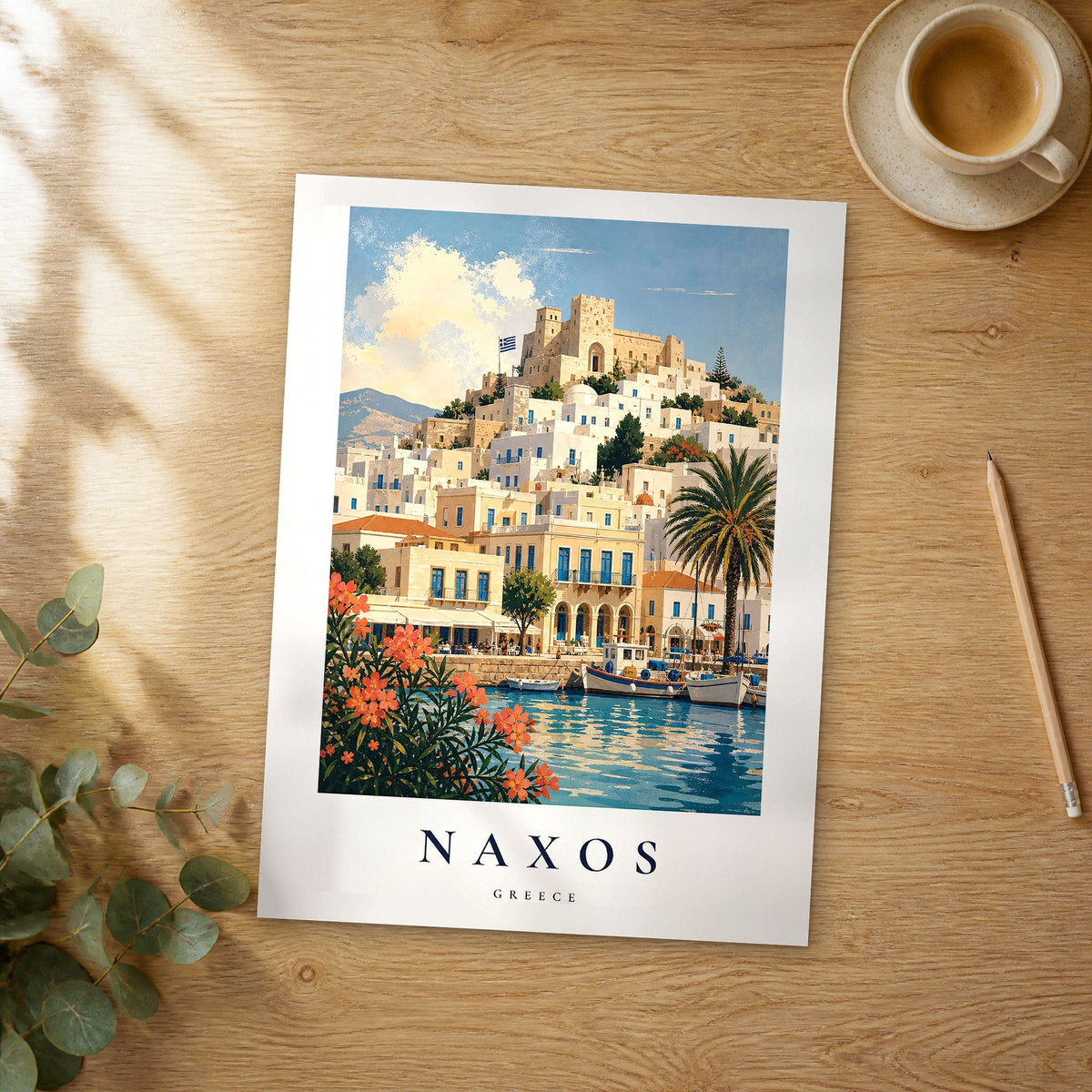 Unframed Naxos vintage travel poster on a wooden table