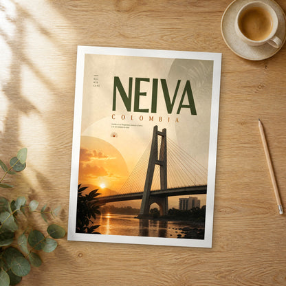 Unframed Neiva bold typography travel poster on a wooden table