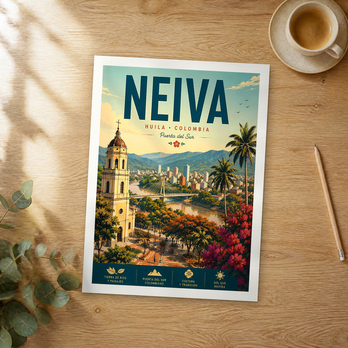Unframed Neiva retro travel poster on a wooden table