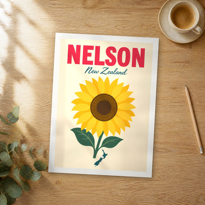 Unframed Nelson pop art travel poster on a wooden table