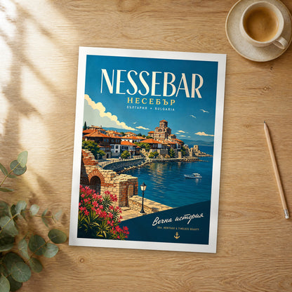 Unframed Nessebar retro travel poster on a wooden table
