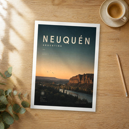 Unframed Neuquén bold typography travel poster on a wooden table