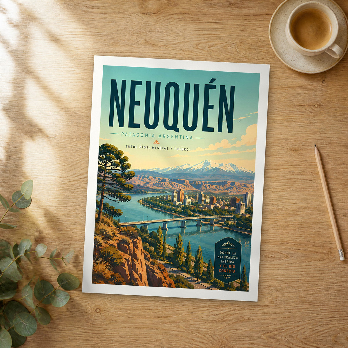 Unframed Neuquén retro travel poster on a wooden table