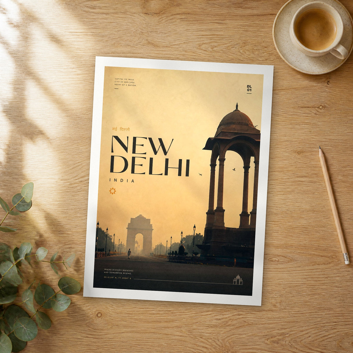 Unframed New Delhi bold typography travel poster on a wooden table