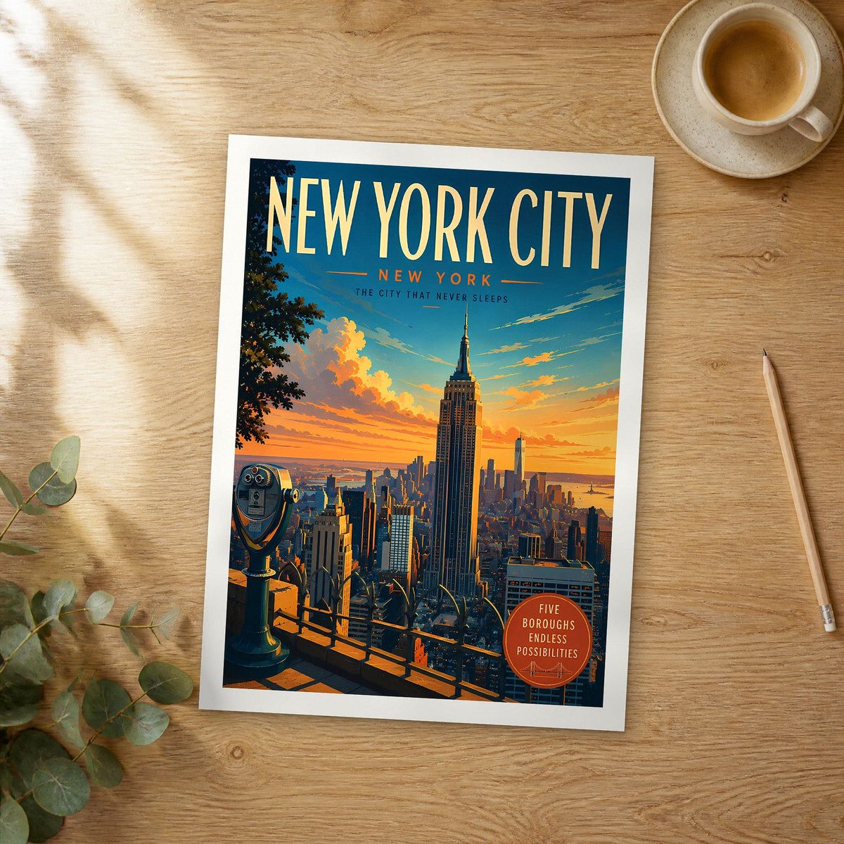 Unframed New York City Empire State Building retro travel poster on a wooden table