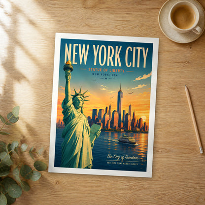Unframed New York City Liberty at Sunset retro travel poster on a wooden table