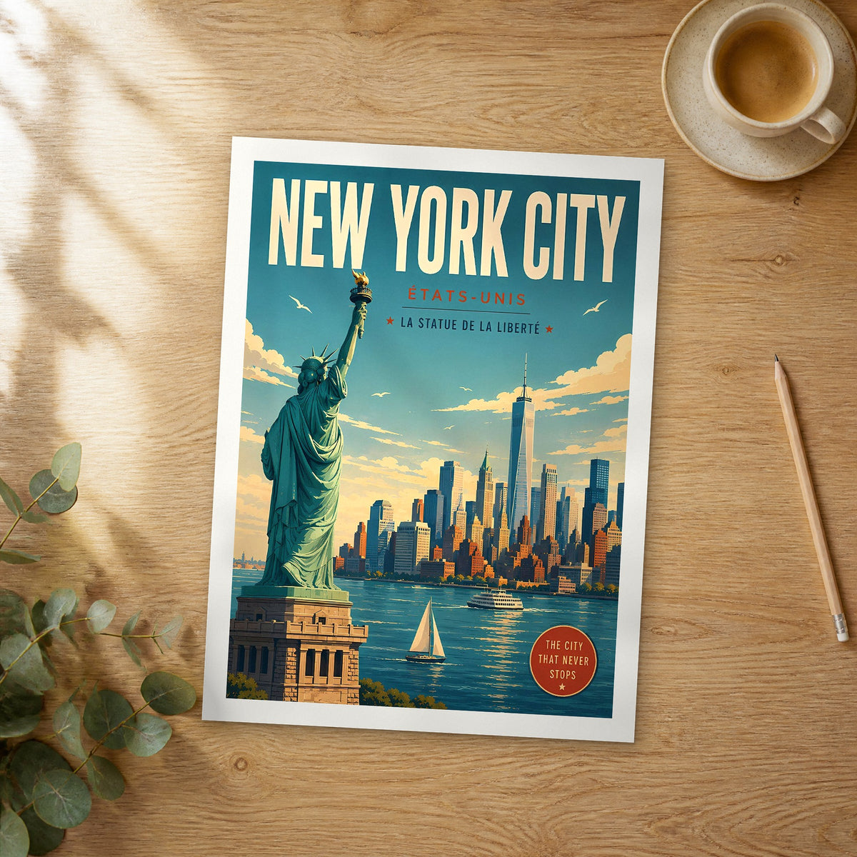 Unframed New York City Statue of Liberty retro travel poster on a wooden table