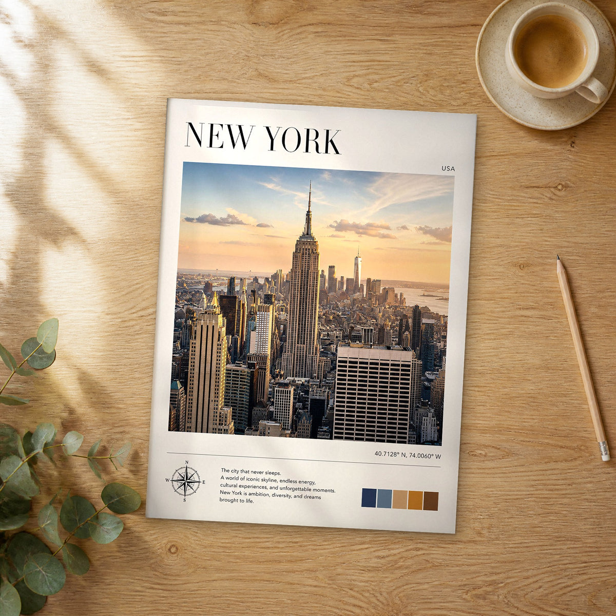 Unframed New York modern photography travel poster on a wooden table