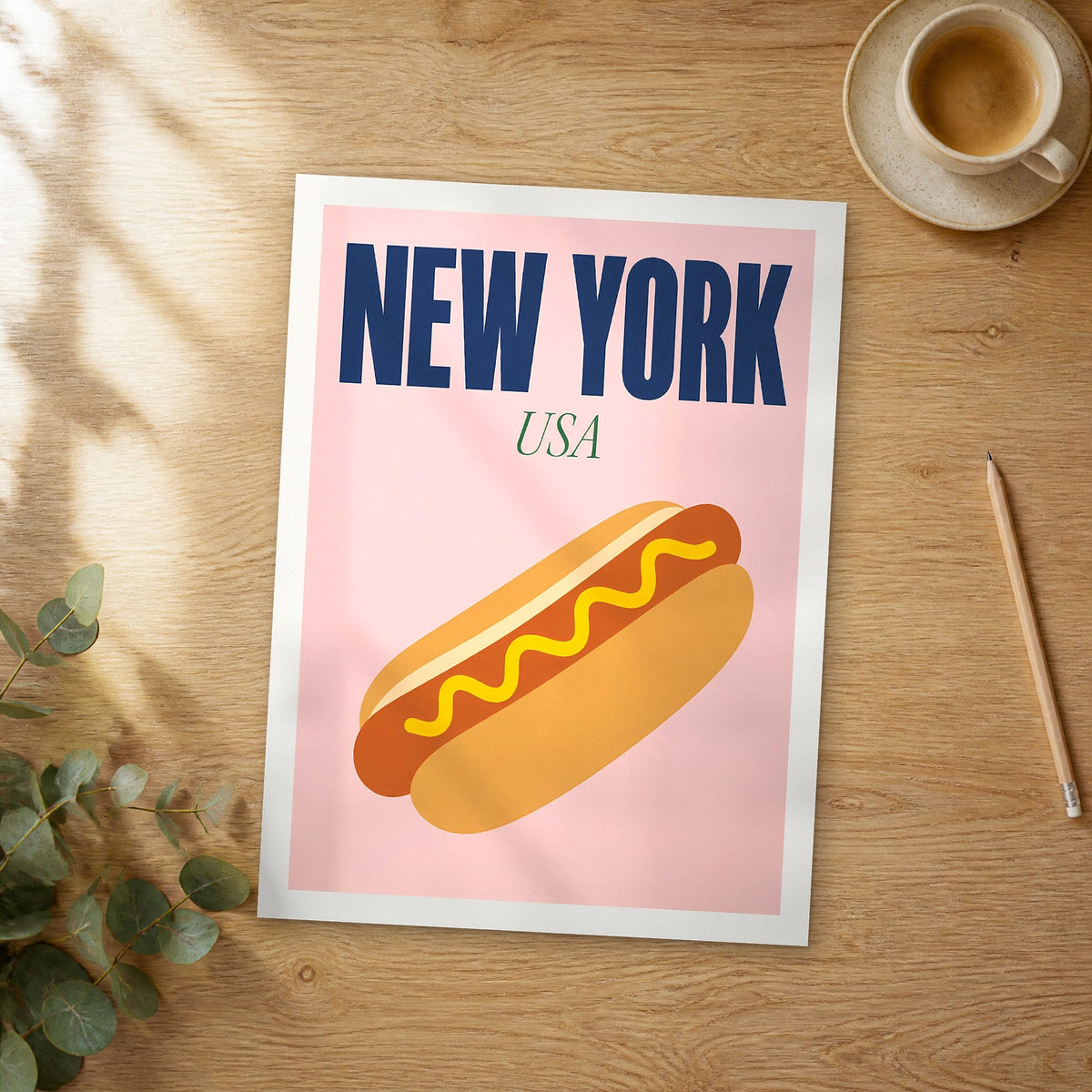 Unframed New York pop art travel poster on a wooden table