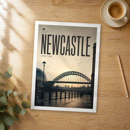 Unframed Newcastle bold typography travel poster on a wooden table