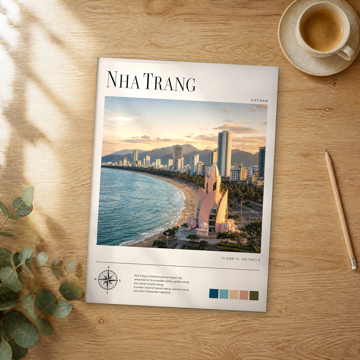 Unframed Nha Trang modern photography travel poster on a wooden table