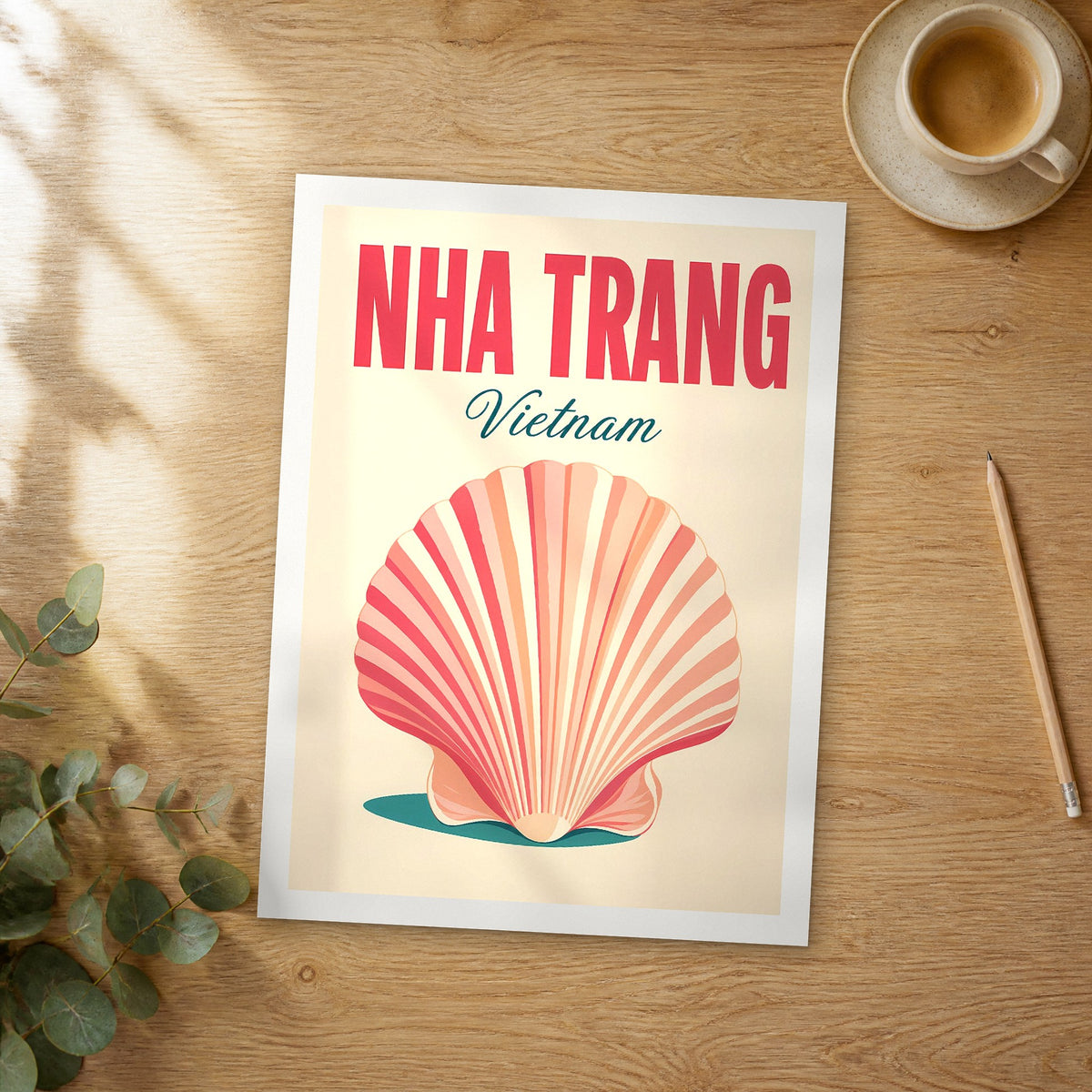 Unframed Nha Trang pop art travel poster on a wooden table