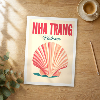 Unframed Nha Trang pop art travel poster on a wooden table