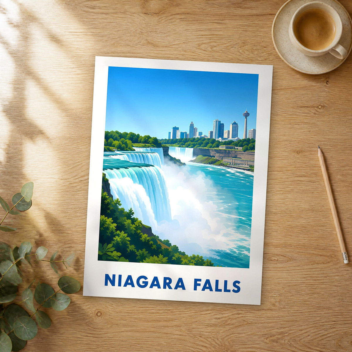 Unframed Niagara Falls modern digital travel poster on a wooden table