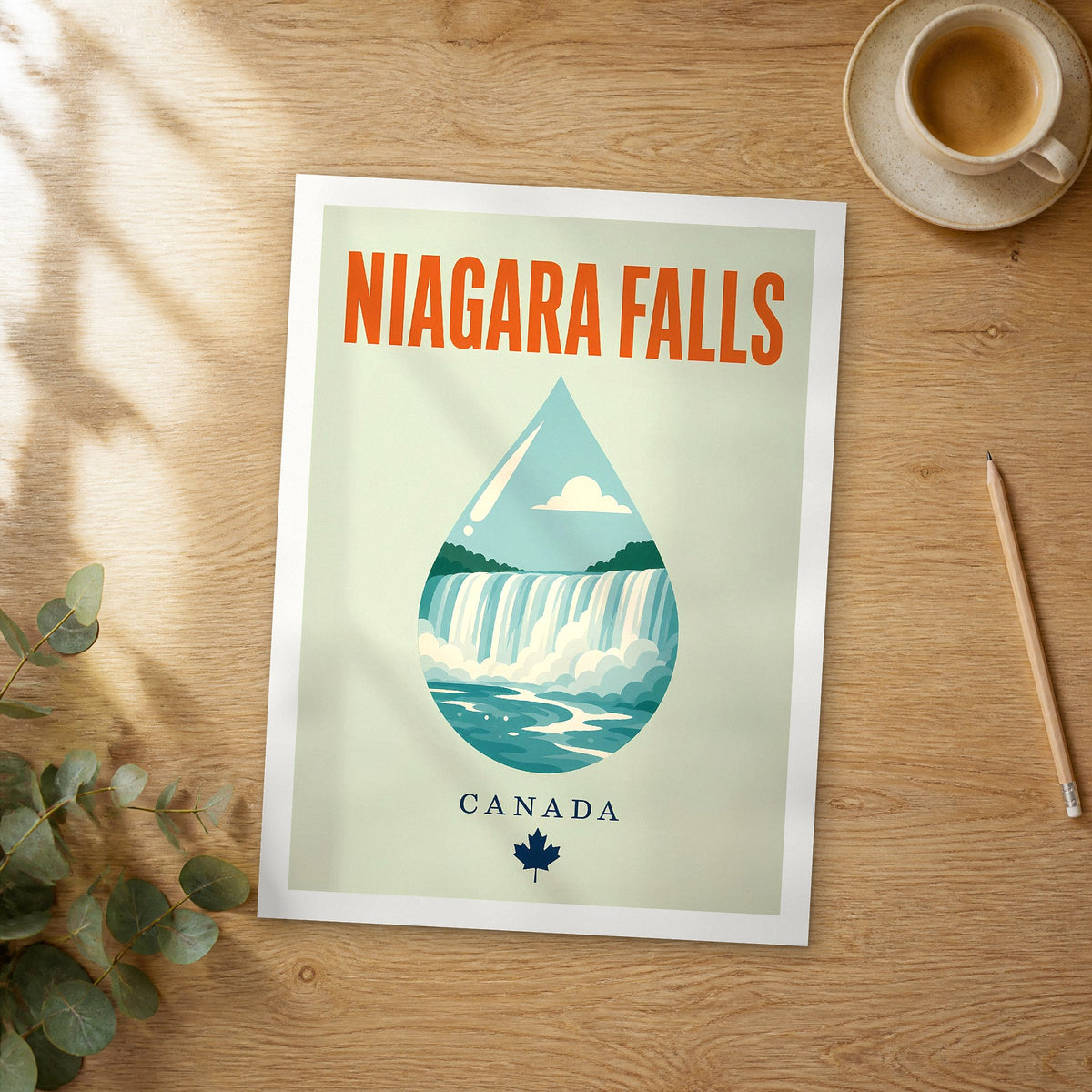 Unframed Niagara Falls pop art travel poster on a wooden table