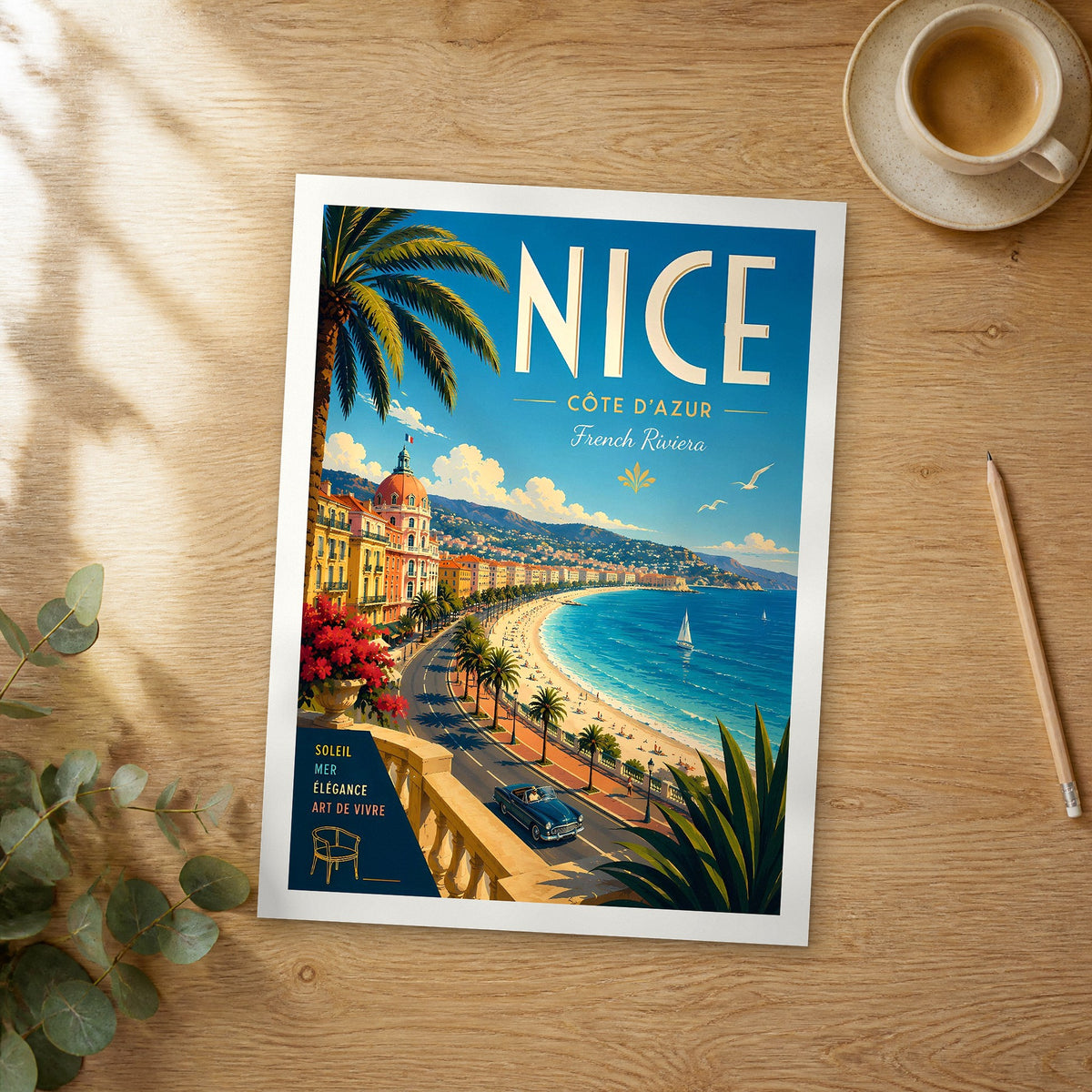 Unframed Nice retro travel poster on a wooden table