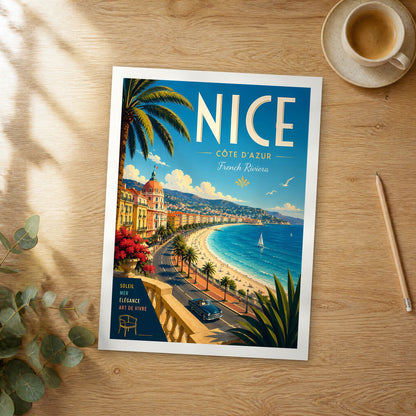 Unframed Nice retro travel poster on a wooden table