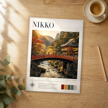 Unframed Nikko modern photography travel poster on a wooden table