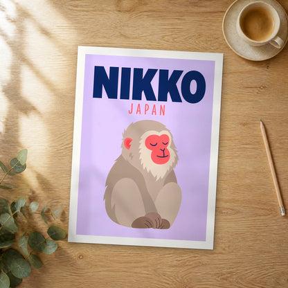 Unframed Nikko pop art travel poster on a wooden table