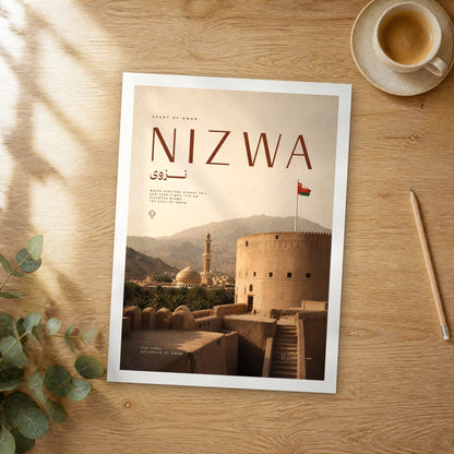 Unframed Nizwa bold typography travel poster on a wooden table