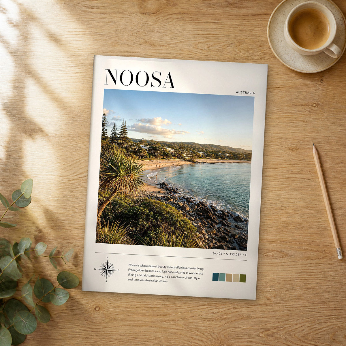 Unframed Noosa modern photography travel poster on a wooden table