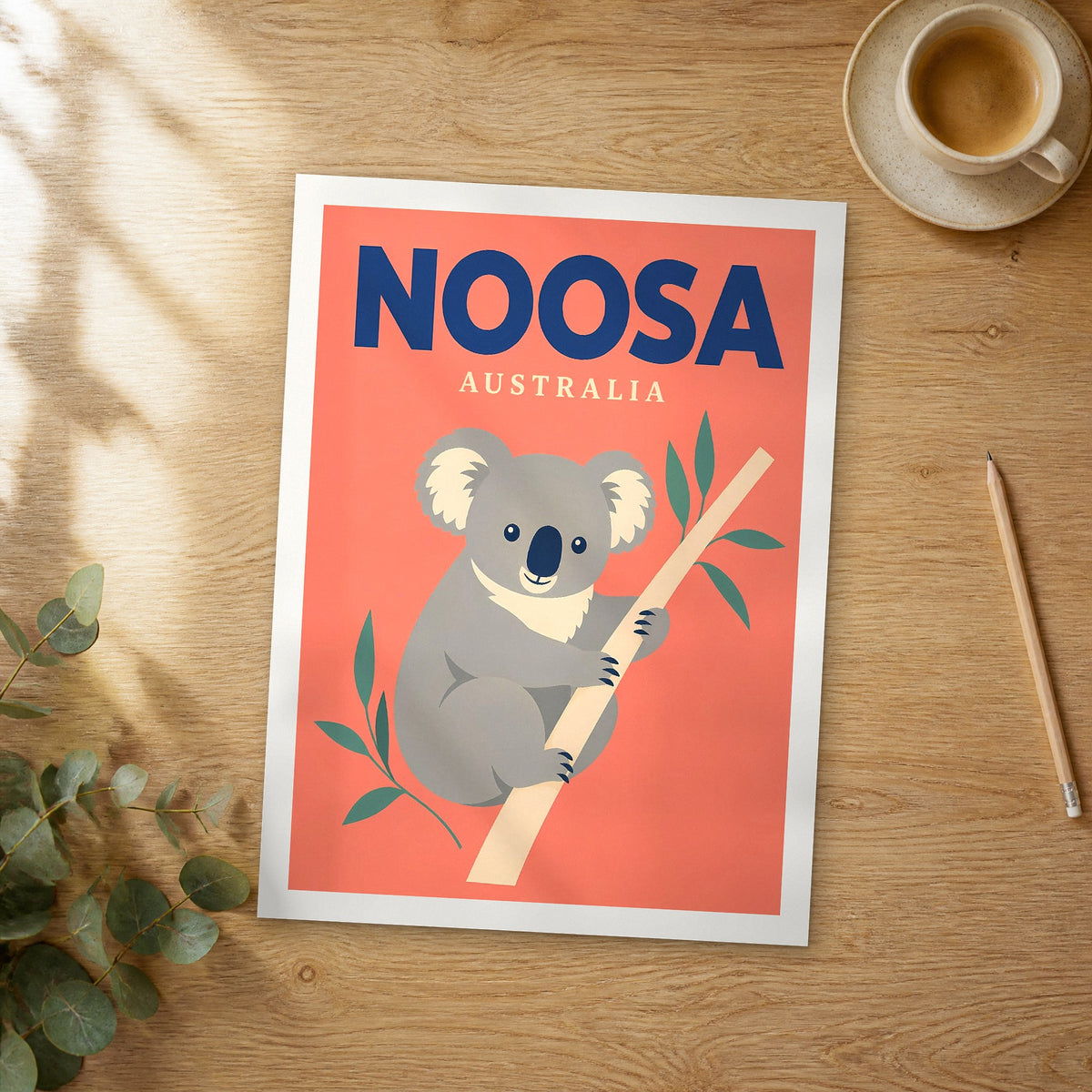 Unframed Noosa pop art travel poster on a wooden table