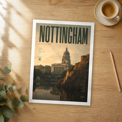 Unframed Nottingham bold typography travel poster on a wooden table