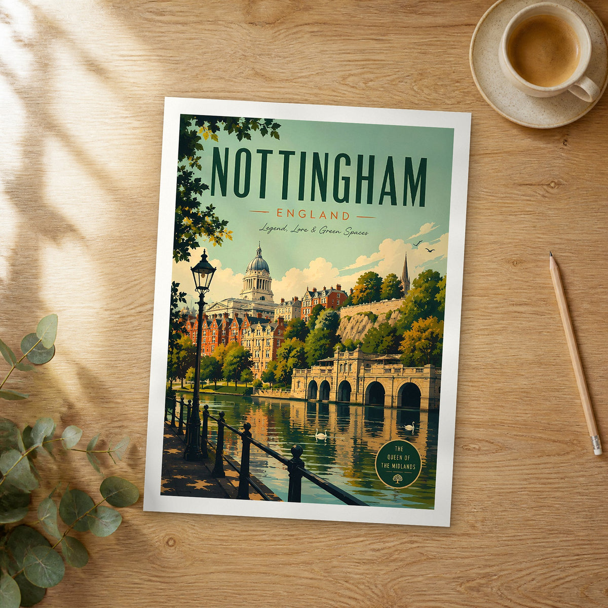 Unframed Nottingham retro travel poster on a wooden table