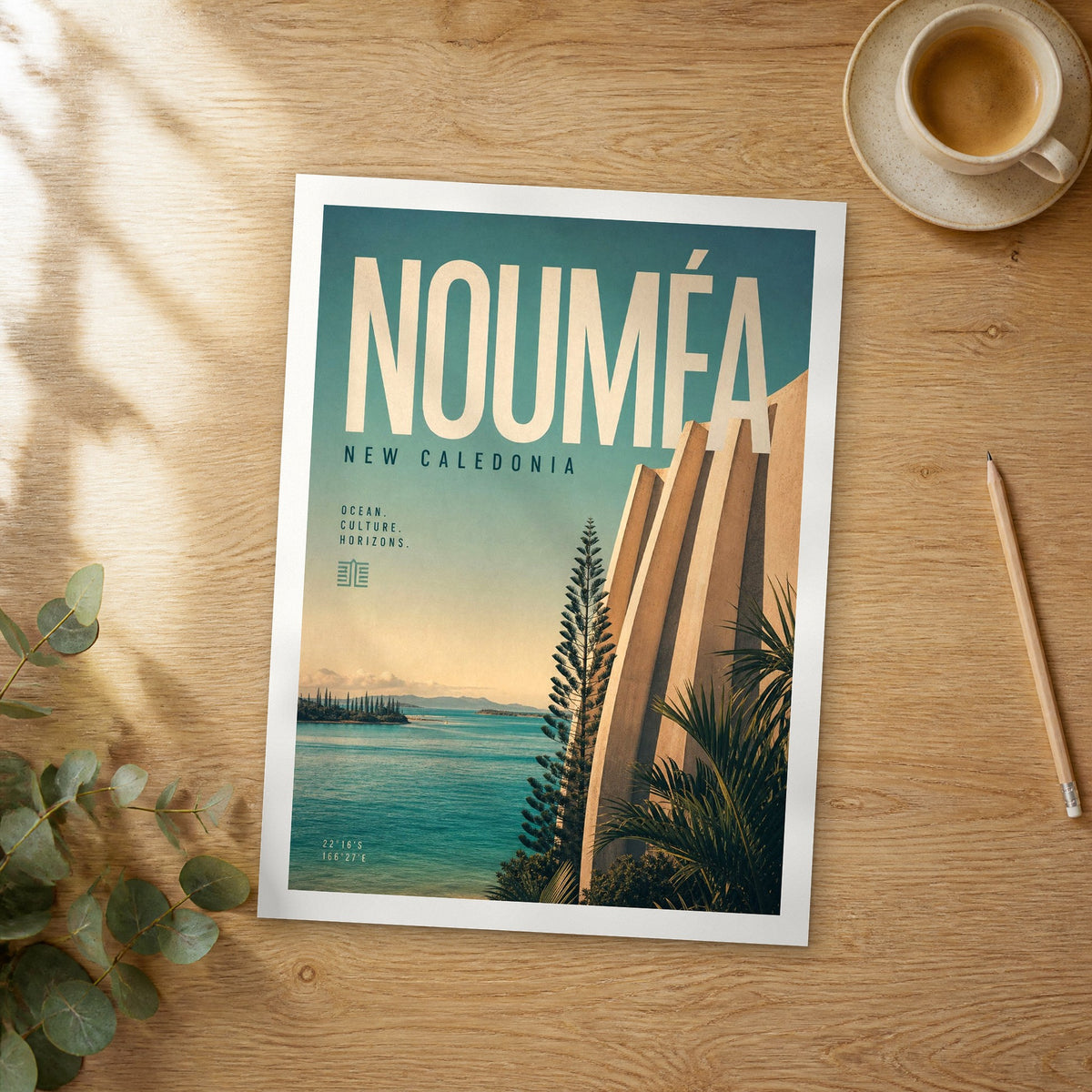 Unframed Nouméa bold typography travel poster on a wooden table