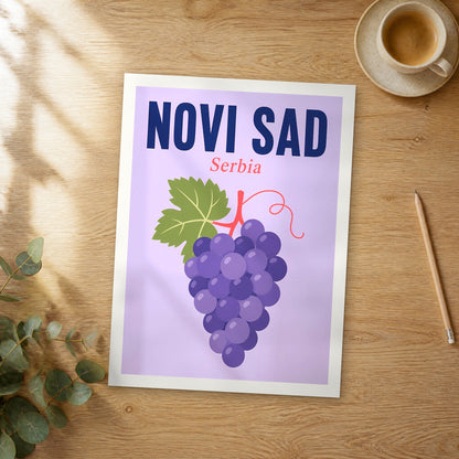 Unframed Novi Sad pop art travel poster on a wooden table