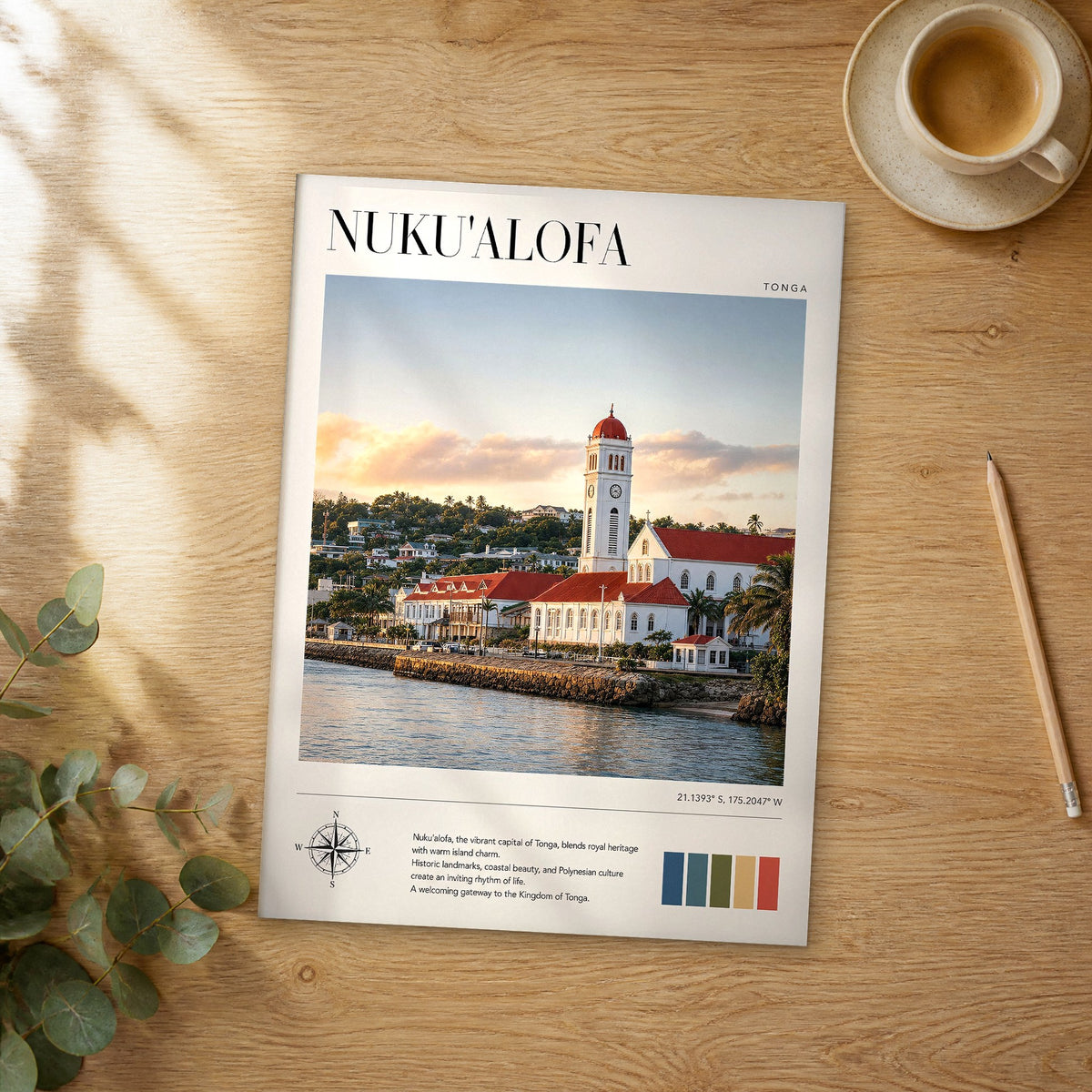 Unframed Nuku'alofa modern photography travel poster on a wooden table